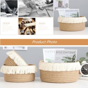 GIBZ Jute Storage Baskets with Tassel, Decorative Natural Round Basket Set Home Organizer for Bedroom, Nursery, Living Room, Bathroom Beige Set of 3