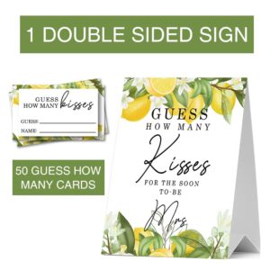 JIRIM-BEUTY Lemon Floral Guess How Many Kisses for The Soon to be Mrs, Guess How Many Baby Shower Games, 1 Stand Sign & 50 Tickets, Bridal Shower Sign - JRM301