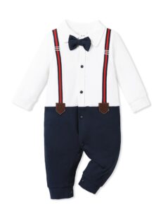 patpat baby newborn infant boys gender neutral long sleeve button white blue bow tie romper jumpsuit outfits clothes newborn