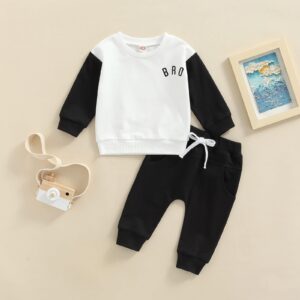 Toddler Baby Boy Clothes Set Letters Print Long Sleeve Crewneck Sweatshirt Tops and Pants Set 2Pcs Fall Winter Outfits (B-Black White, 6-12 Months)