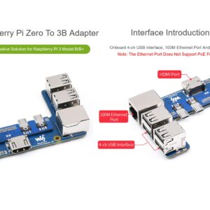 waveshare Pi Zero to Raspberry Pi 3 Model B/B+ Adapter, Onboard 4-CH USB Interface, 100M Ethernet Port and HDMI Port, Alternative for Raspberry Pi 3B/B+, Support Pi Zero and Zero 2W