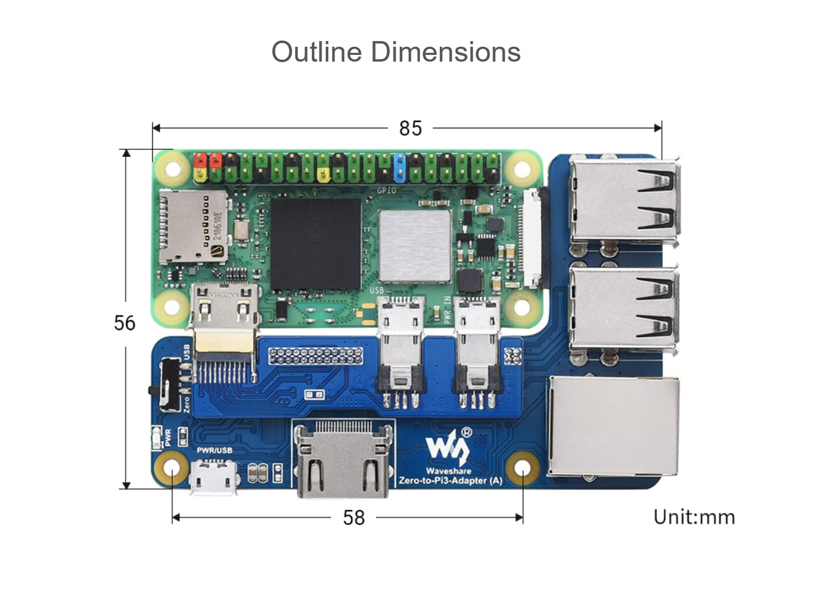 waveshare Pi Zero to Raspberry Pi 3 Model B/B+ Adapter, Onboard 4-CH USB Interface, 100M Ethernet Port and HDMI Port, Alternative for Raspberry Pi 3B/B+, Support Pi Zero and Zero 2W