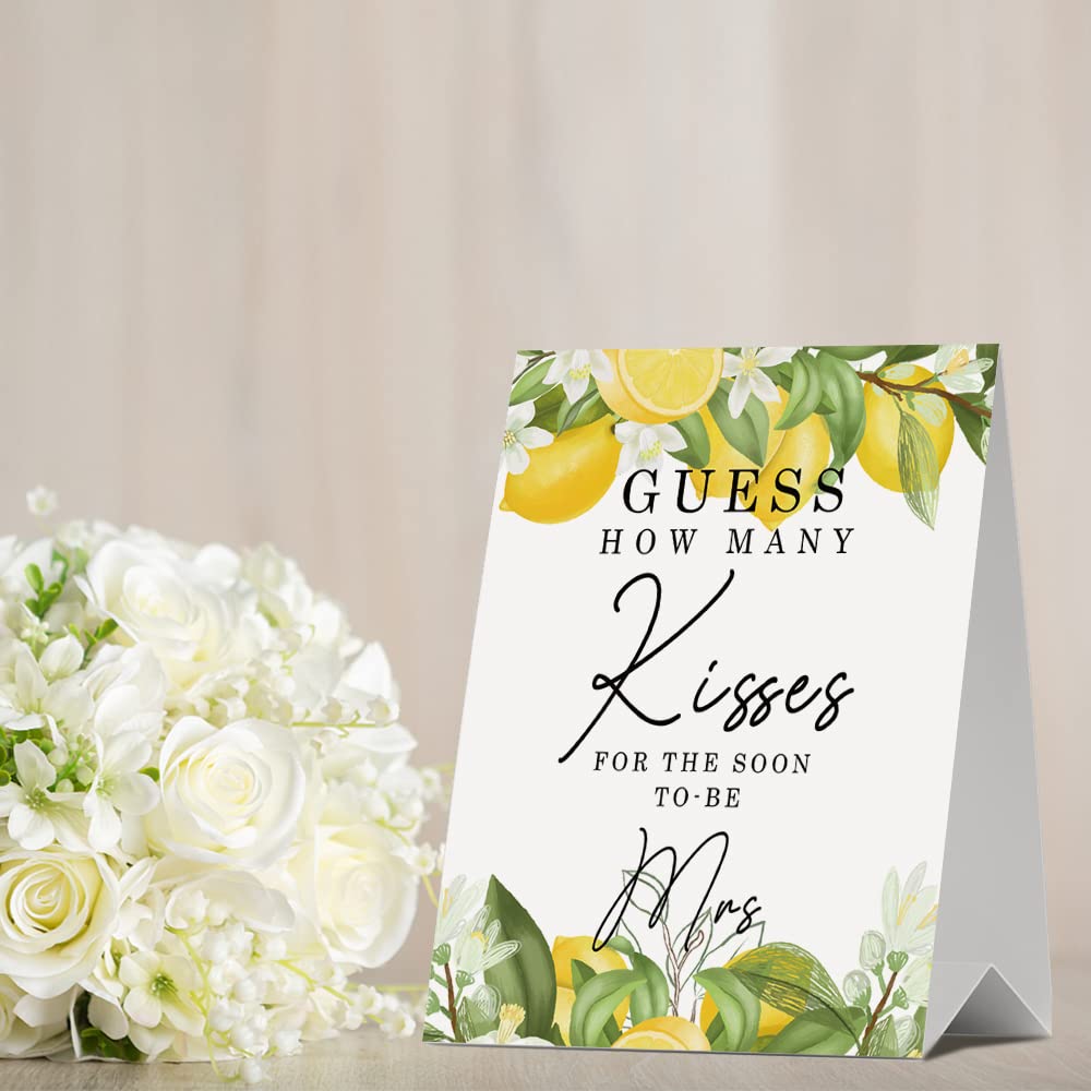 JIRIM-BEUTY Lemon Floral Guess How Many Kisses for The Soon to be Mrs, Guess How Many Baby Shower Games, 1 Stand Sign & 50 Tickets, Bridal Shower Sign - JRM301