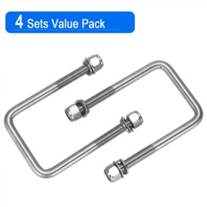 CenterZ 4 Sets Square U Bolts, 3 inch Wide 304 Stainless Steel U-bolt, 1/2" D x 3 1/16" W x 5 5/16" L, 2 1/2 inch Thread Length 4 U Bolt + 8 Nuts, 8 Lock and 8 Flat Washers for Boat Automobile Trailer