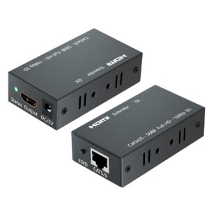 bcrokory hdmi extender up to 60 meters/196ft, 1080p hdmi transmitter and receiver, hdmi ethernet sender repeater over singal rj45 cat5e/6/7 ethernet lan cable, hdmi to rj45/rj45 to hdmi transmission