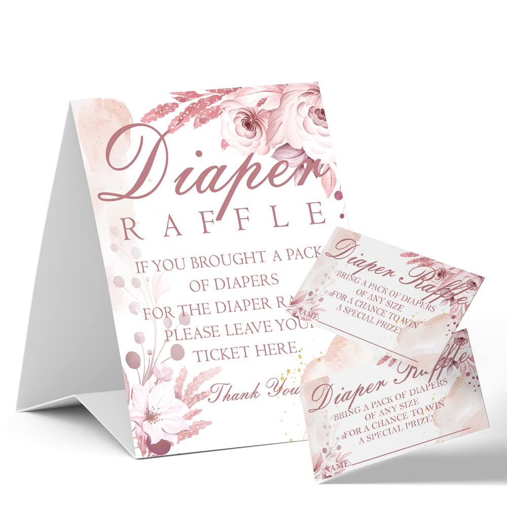 SHIEL-EVEN Baby Shower Diaper Raffle Tickets, Baby Shower Party Gift Game Cards, Pink Rouge Rose, Unisex Boy or Girl, Baby Shower Decorations Set (1 Sign+50 Cards), with a Pack of Diapers - DLM303