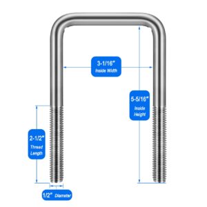 CenterZ 4 Sets Square U Bolts, 3 inch Wide 304 Stainless Steel U-bolt, 1/2" D x 3 1/16" W x 5 5/16" L, 2 1/2 inch Thread Length 4 U Bolt + 8 Nuts, 8 Lock and 8 Flat Washers for Boat Automobile Trailer