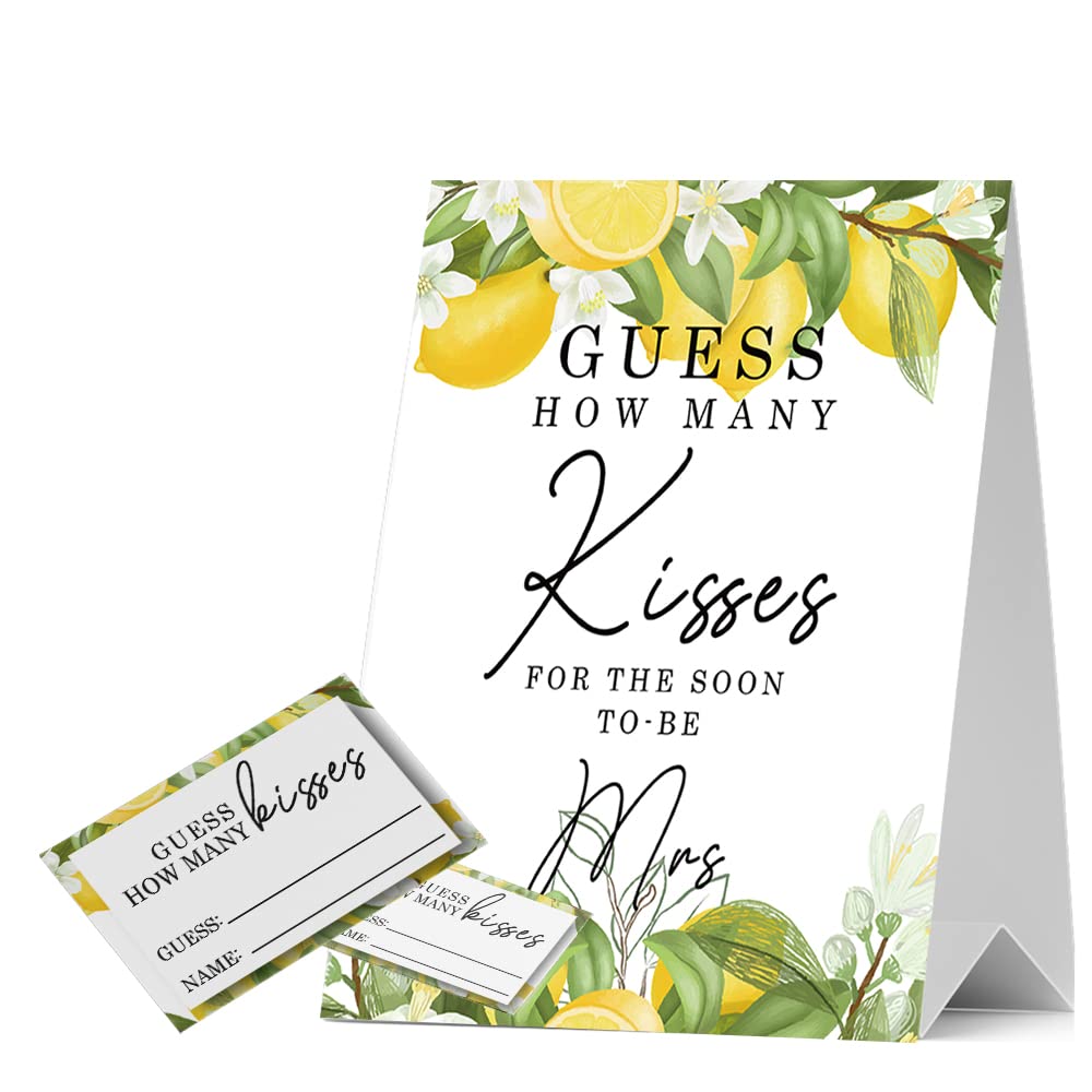 JIRIM-BEUTY Lemon Floral Guess How Many Kisses for The Soon to be Mrs, Guess How Many Baby Shower Games, 1 Stand Sign & 50 Tickets, Bridal Shower Sign - JRM301