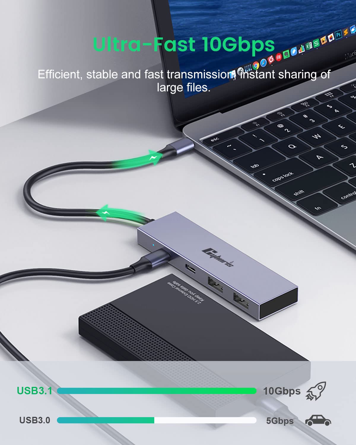 USB C Hub, 4 Port 10Gbps USB C to USB Adapter USB 3.1 Hub GEN2, USB C Splitter Thunderbolt 3 Compatible, PD100W Powered USB C Hub, USB-C Hub for Laptop, Mobile, Tablet, PC