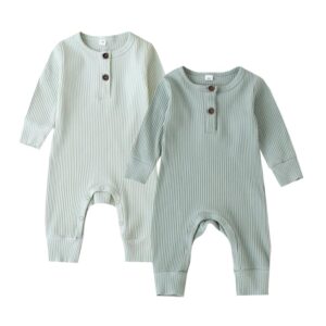 bafeicao baby boy girl 2 pack solid romper ribbed long sleeve bodysuit jumpsuit infant knitted outfits clothes, cyan+green, 0-3m