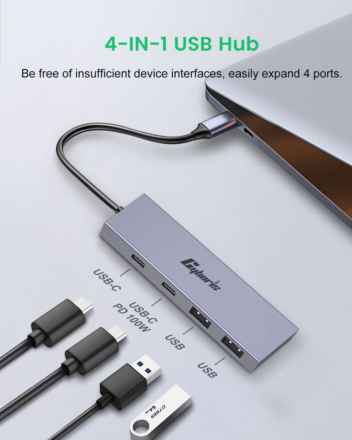 USB C Hub, 4 Port 10Gbps USB C to USB Adapter USB 3.1 Hub GEN2, USB C Splitter Thunderbolt 3 Compatible, PD100W Powered USB C Hub, USB-C Hub for Laptop, Mobile, Tablet, PC