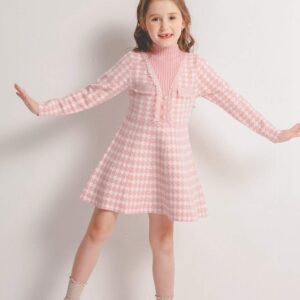 SMILING PINKER Girls Dresses Houndstooth Knitted Sweater Flare Winter Dress Mock Neck (Pink, 8-9 Years)