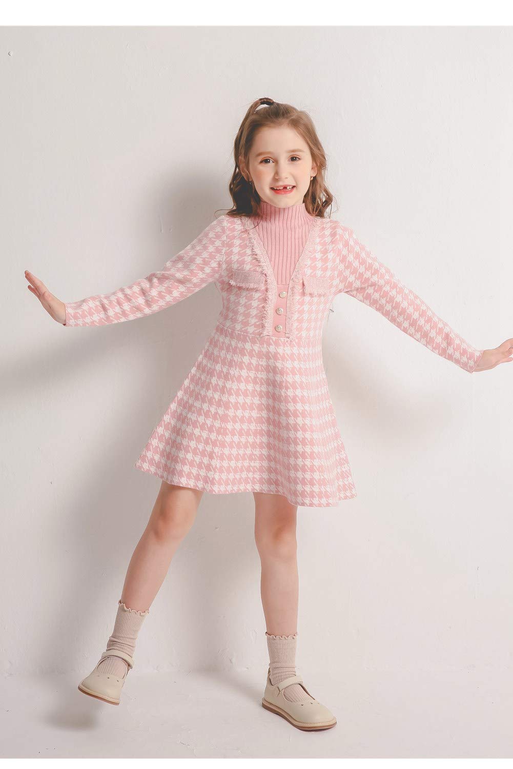 SMILING PINKER Girls Dresses Houndstooth Knitted Sweater Flare Winter Dress Mock Neck (Pink, 8-9 Years)