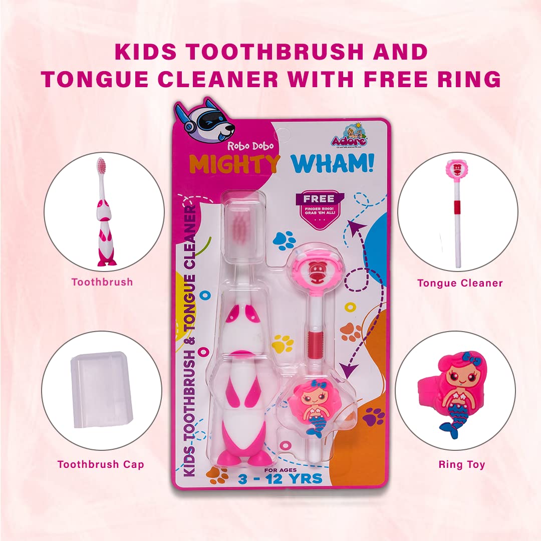 ADORE Mighty Wham Combo of Toothbrush and Tongue Cleaner with Free Ring(Pack of 2) (Mighty Pink)