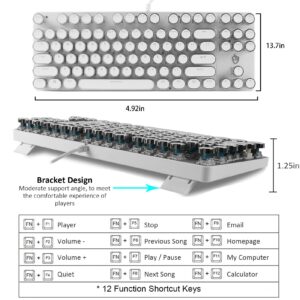 CHUYI Typewriter Style Mechanical Gaming Keyboard with Blue Switch, USB Wired Retro Steampunk Light Up 87 Round Keycaps with RGB LED Rainbow Backlit, for Computer PC Laptop (White)