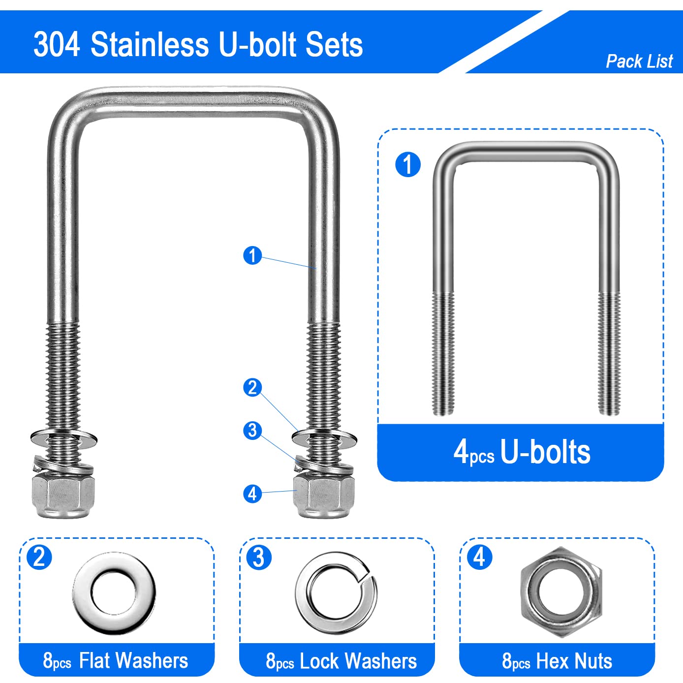 CenterZ 4 Sets Square U Bolts, 3 inch Wide 304 Stainless Steel U-bolt, 1/2" D x 3 1/16" W x 5 5/16" L, 2 1/2 inch Thread Length 4 U Bolt + 8 Nuts, 8 Lock and 8 Flat Washers for Boat Automobile Trailer