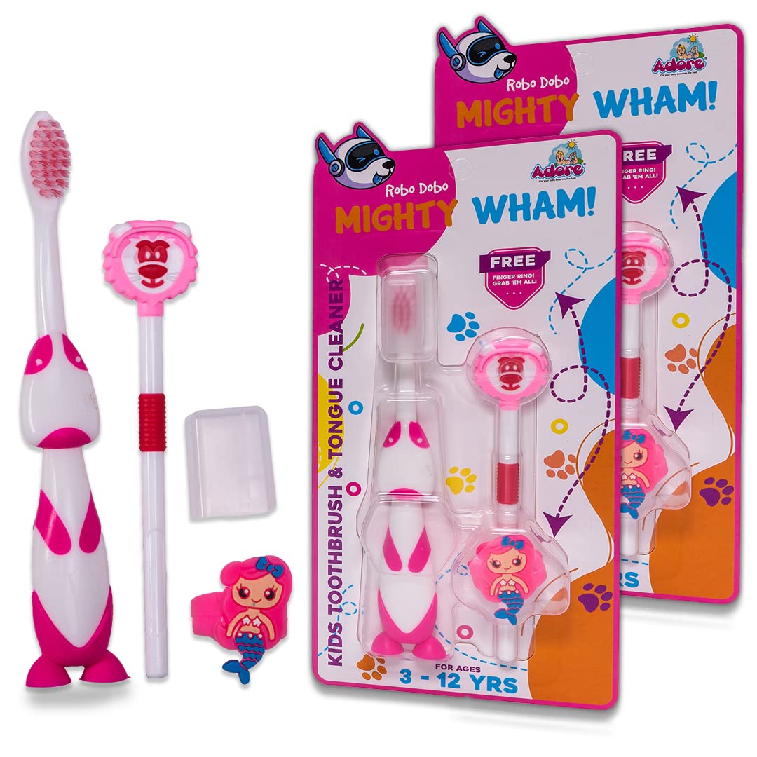 ADORE Mighty Wham Combo of Toothbrush and Tongue Cleaner with Free Ring(Pack of 2) (Mighty Pink)