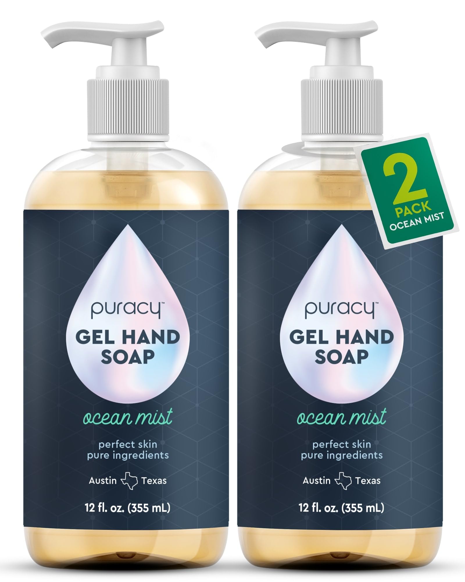 Puracy Gel Hand Soap - Perfect Skin, Pure Ingredients - with 15+ SuperPlant Ingredients for Clean, Soft, Smooth Skin, 99.09% from Mother Nature, Gently Scented Hand Wash, Ocean Mist, 12 Ounce (2-Pack)