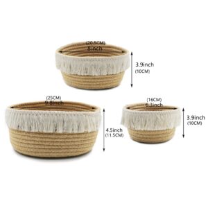 GIBZ Jute Storage Baskets with Tassel, Decorative Natural Round Basket Set Home Organizer for Bedroom, Nursery, Living Room, Bathroom Beige Set of 3