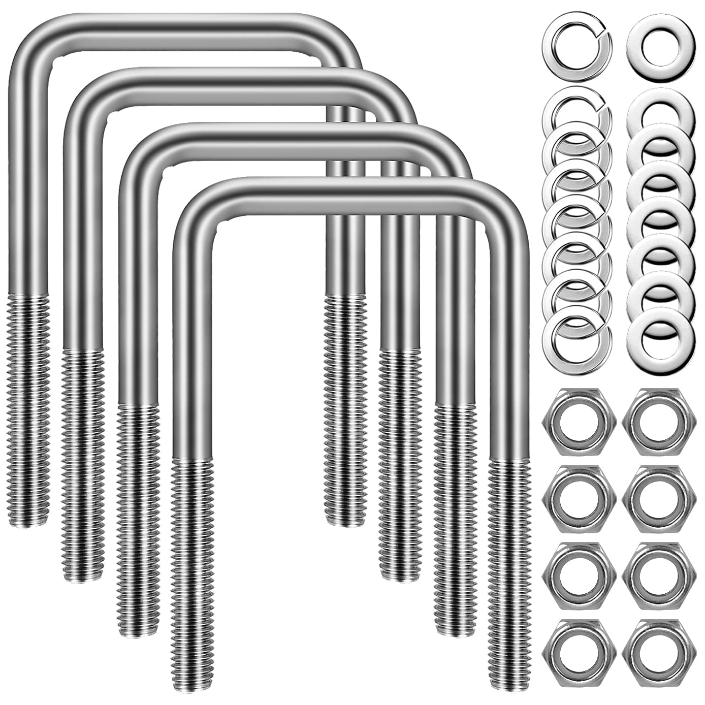 CenterZ 4 Sets Square U Bolts, 3 inch Wide 304 Stainless Steel U-bolt, 1/2" D x 3 1/16" W x 5 5/16" L, 2 1/2 inch Thread Length 4 U Bolt + 8 Nuts, 8 Lock and 8 Flat Washers for Boat Automobile Trailer