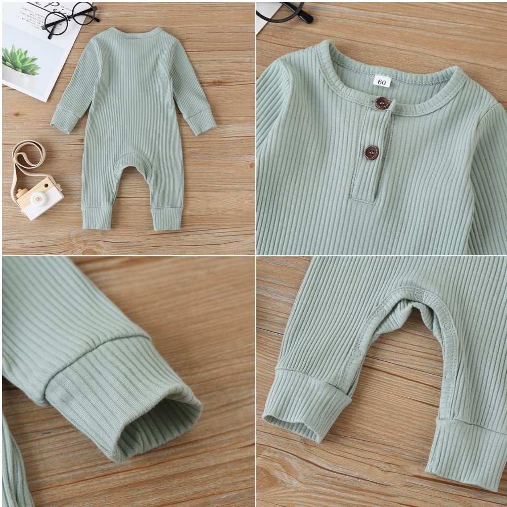 Bafeicao Baby Boy Girl 2 Pack Solid Romper Ribbed Long Sleeve Bodysuit Jumpsuit Infant Knitted Outfits Clothes, Cyan+Green, 0-3M