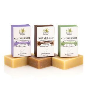 southern natural goat milk soap bar (variety 3 pack) lavender, oatmeal milk & honey, rosemary mint - for dry sensitive skin. for men, women, kids & baby. great for face and body.