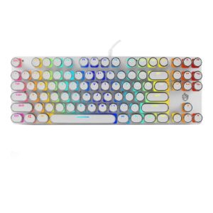 CHUYI Typewriter Style Mechanical Gaming Keyboard with Blue Switch, USB Wired Retro Steampunk Light Up 87 Round Keycaps with RGB LED Rainbow Backlit, for Computer PC Laptop (White)