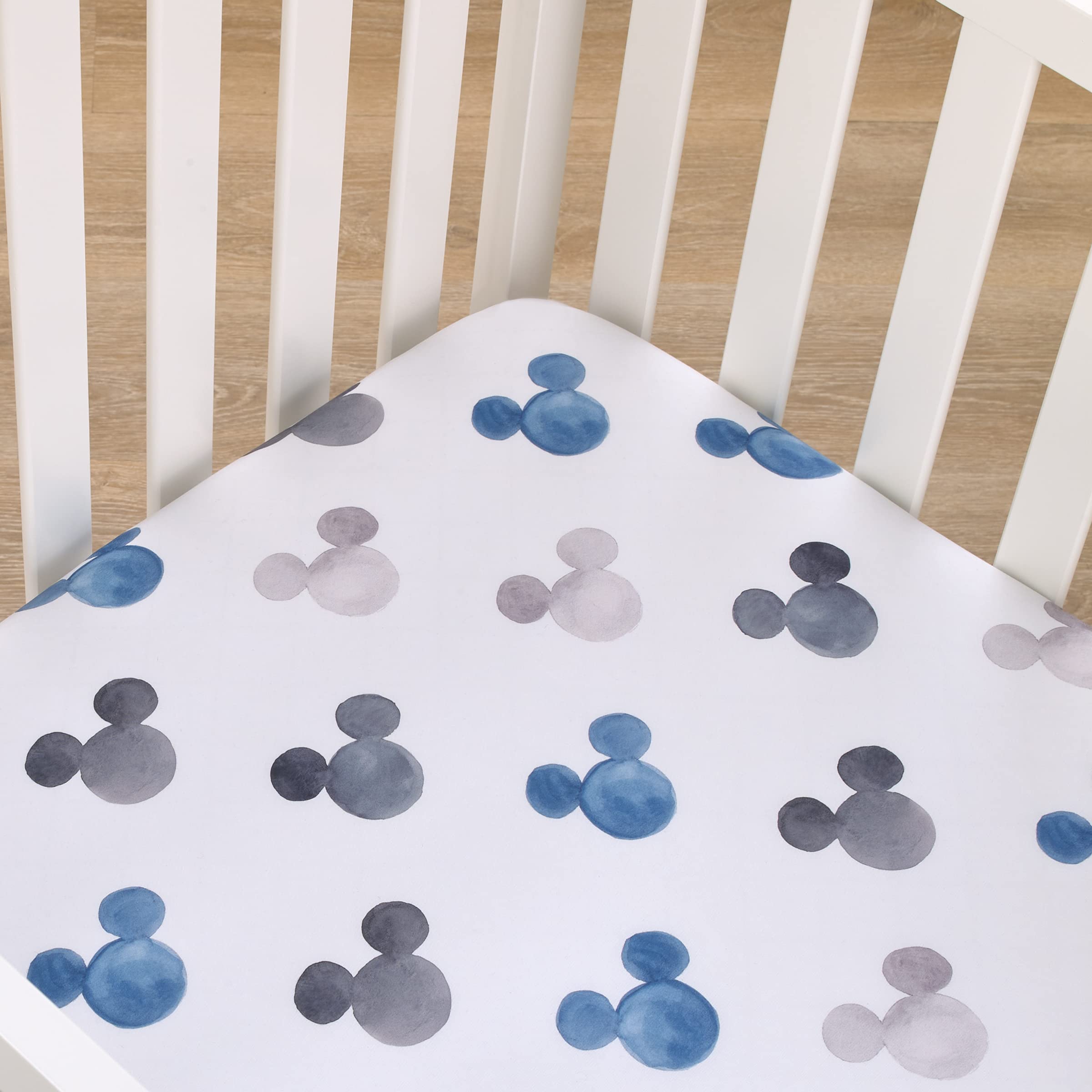 Disney Mickey Mouse - Black, White and Blue Watercolor Mickey Ears Nursery Fitted Mini Crib Sheet