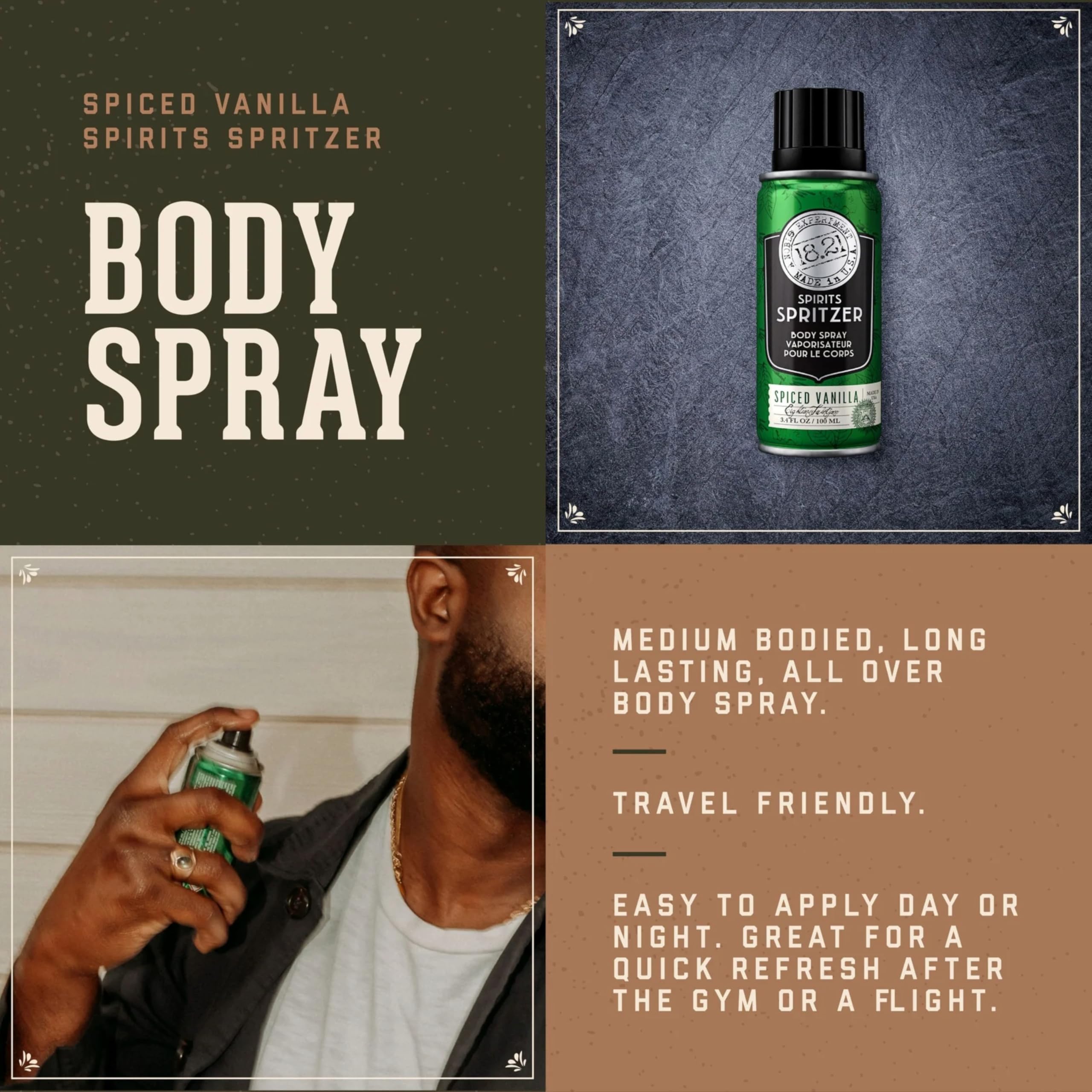 18.21 Man Made Men’s Spirits Spritzer Spiced Vanilla Fragrance, 3.4 oz. - Luxurious Long-Lasting All Over Body Spray with Masculine Aromatics - Premium Men Care Products - Gifts for Him