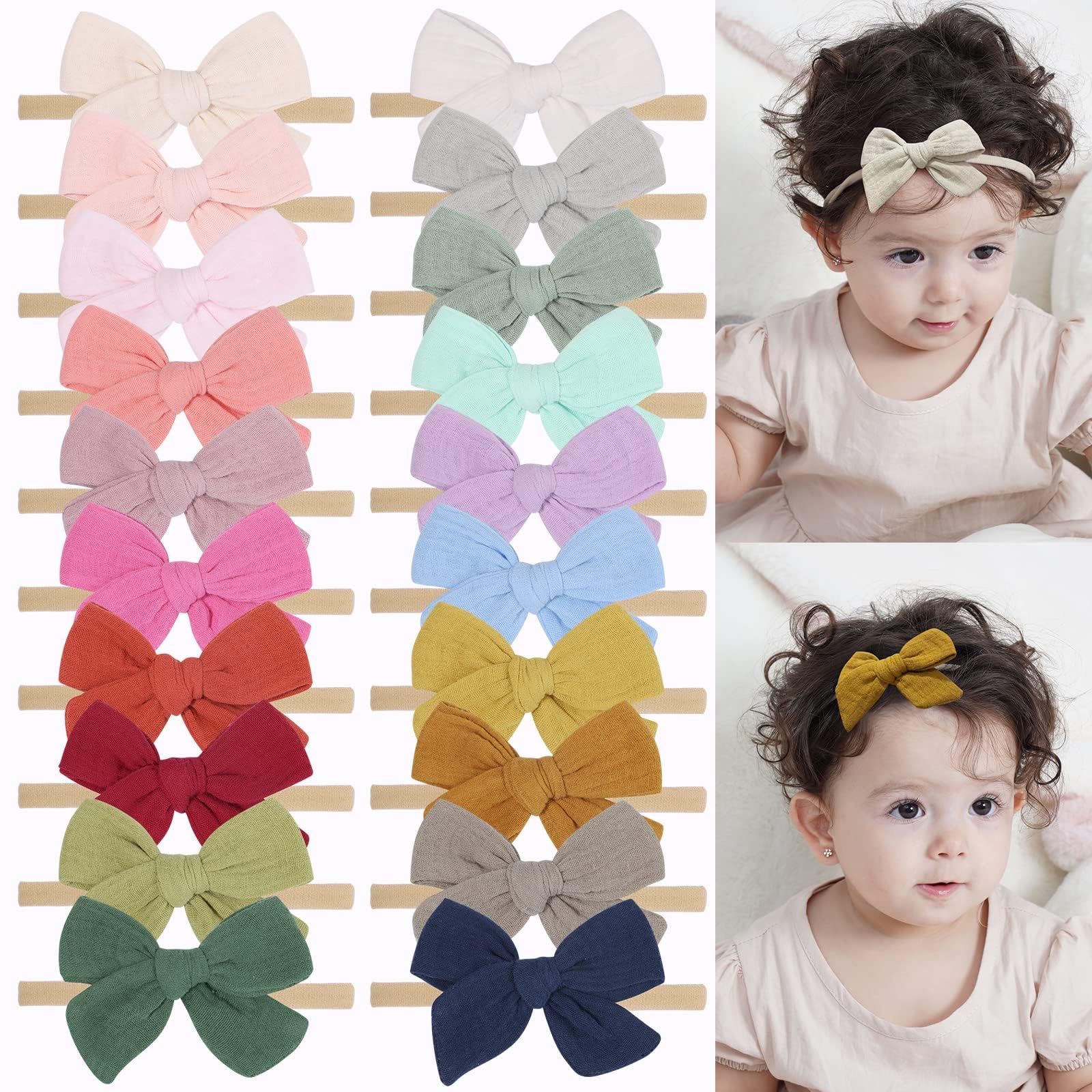 doboi 20PCS Baby Headbands Hair Bows Muslin Gauze Bows Elastic Nylon Hairbands Boutique Soft Hair Accessories for Girls Newborns Infants Toddlers and Kids