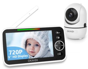 okaidi 5" hd baby monitor with camera and audio, 720p display baby monitor, 5000mah battery, remote pan-tilt, 3x zoom, night vision, 2-way talk, temperature,lullabies,1000ft range baby monitor no wifi