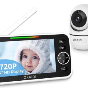 OKAIDI 5" HD Baby Monitor with Camera and Audio, 720P Display Baby Monitor, 5000mAh Battery, Remote Pan-Tilt, 3X Zoom, Night Vision, 2-Way Talk, Temperature,Lullabies,1000ft Range Baby Monitor No WiFi