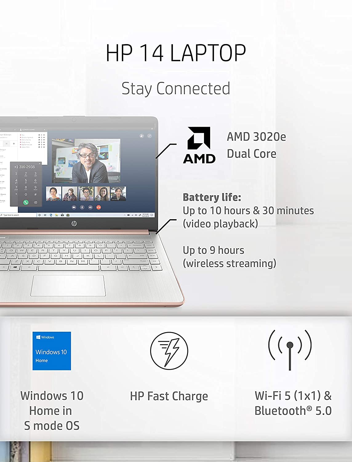 HP 2022 Pavilion 14-inch HD Touchscreen Laptop, AMD 3000 Series Processor, Long Battery Life, Webcam, HDMI, Windows 10 (14, 16GB RAM | 320GB Storage, Rose Gold) (Renewed)