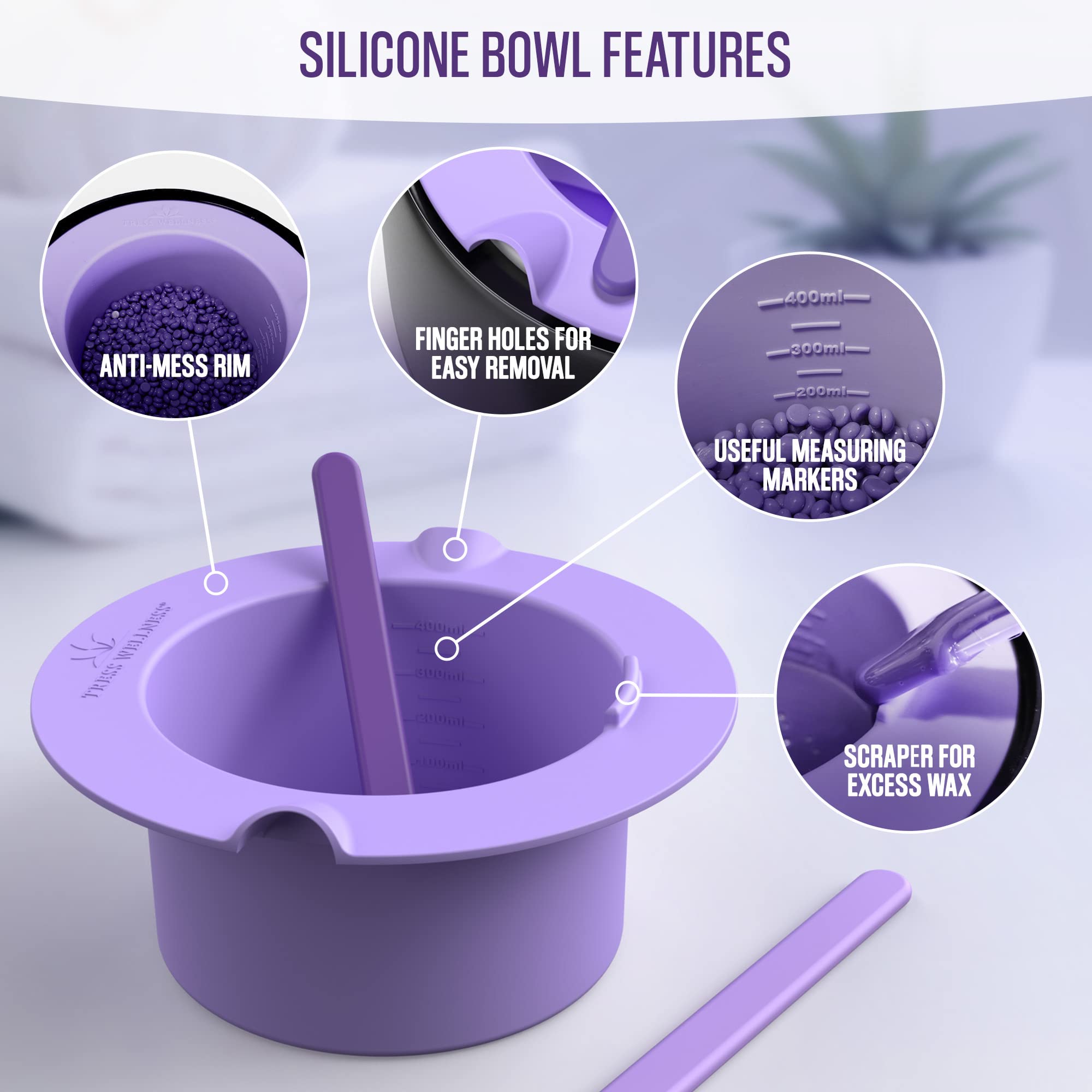 Tress Wellness Wax Warmer Silicone Liner (Purple) - Easy to Clean Silicone Wax Warmer Bowls with 2x Silicone Spatulas Compatible with 16oz Electric Waxing Kit - Silicone Wax Pot melting Wax Bowl