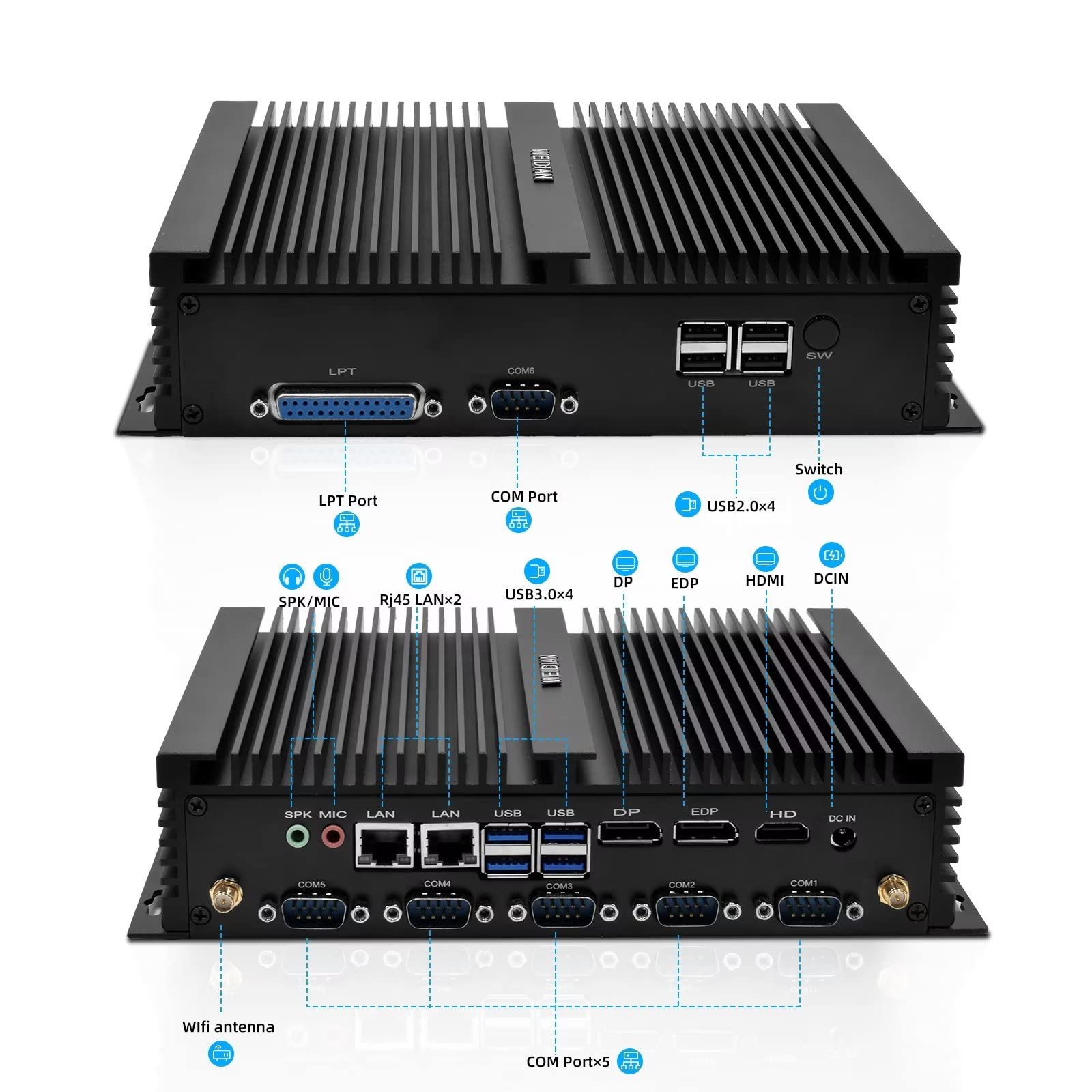 Fanless Mini Desktop PC, Core i7-8550U, Fanless PC Windows 11, 16GB DDR4 RAM 1TB SSD Triple Display HDMI, DP, EDP, Dual Gigabit Ethernet, 4USB2.0, 4USB3.0, 6RS232 COM, LPT port, Dual Band WiFi, BT4.2