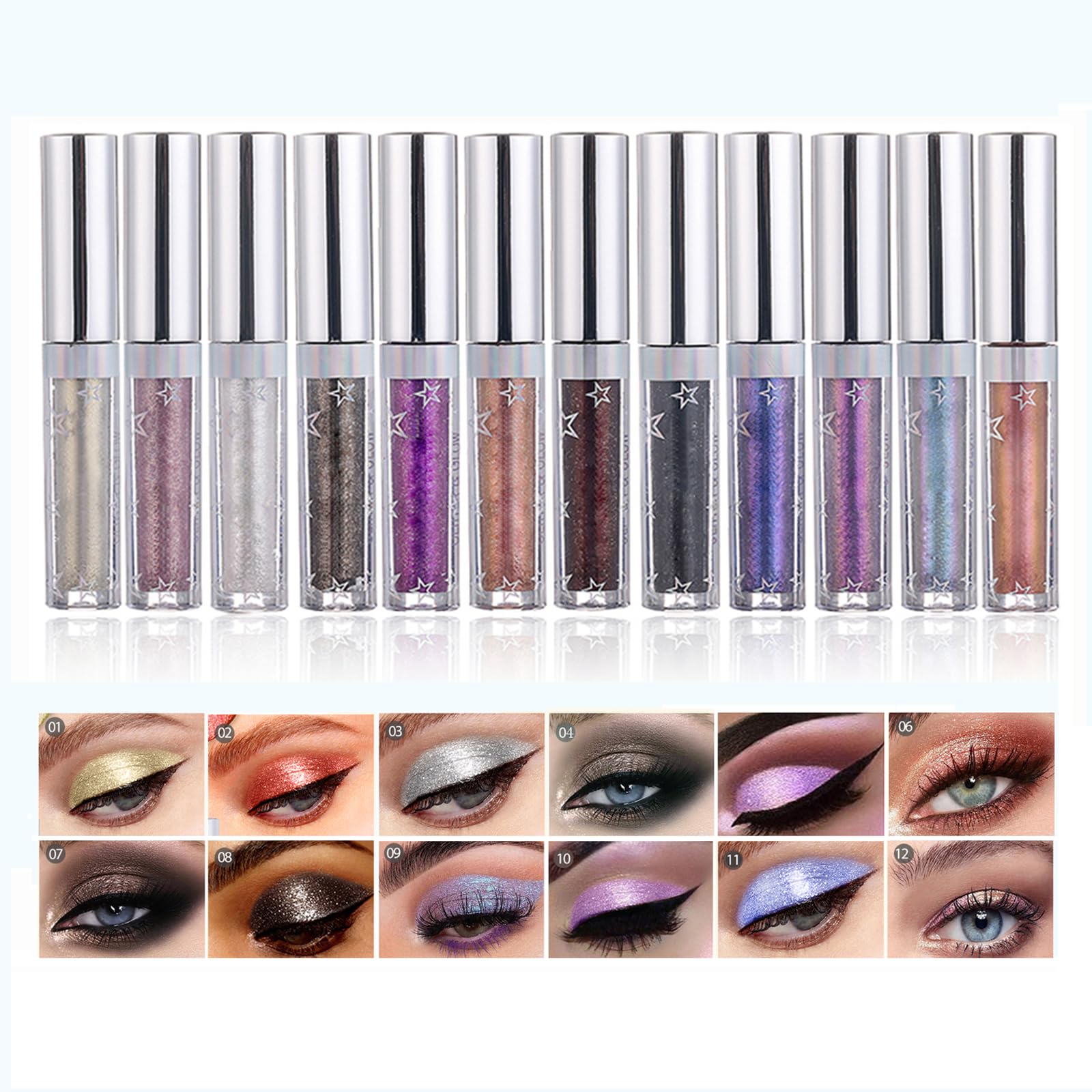 Hotiary Glitter Liquid Eyeshadow Metallic Pigments Shimmer Makeup Metals Gloss for Eyes Eyeliners Sparkling Eye Shadow Shiny Pen Eyeliner Kit Long Lasting Waterproof (12 Colors Set)