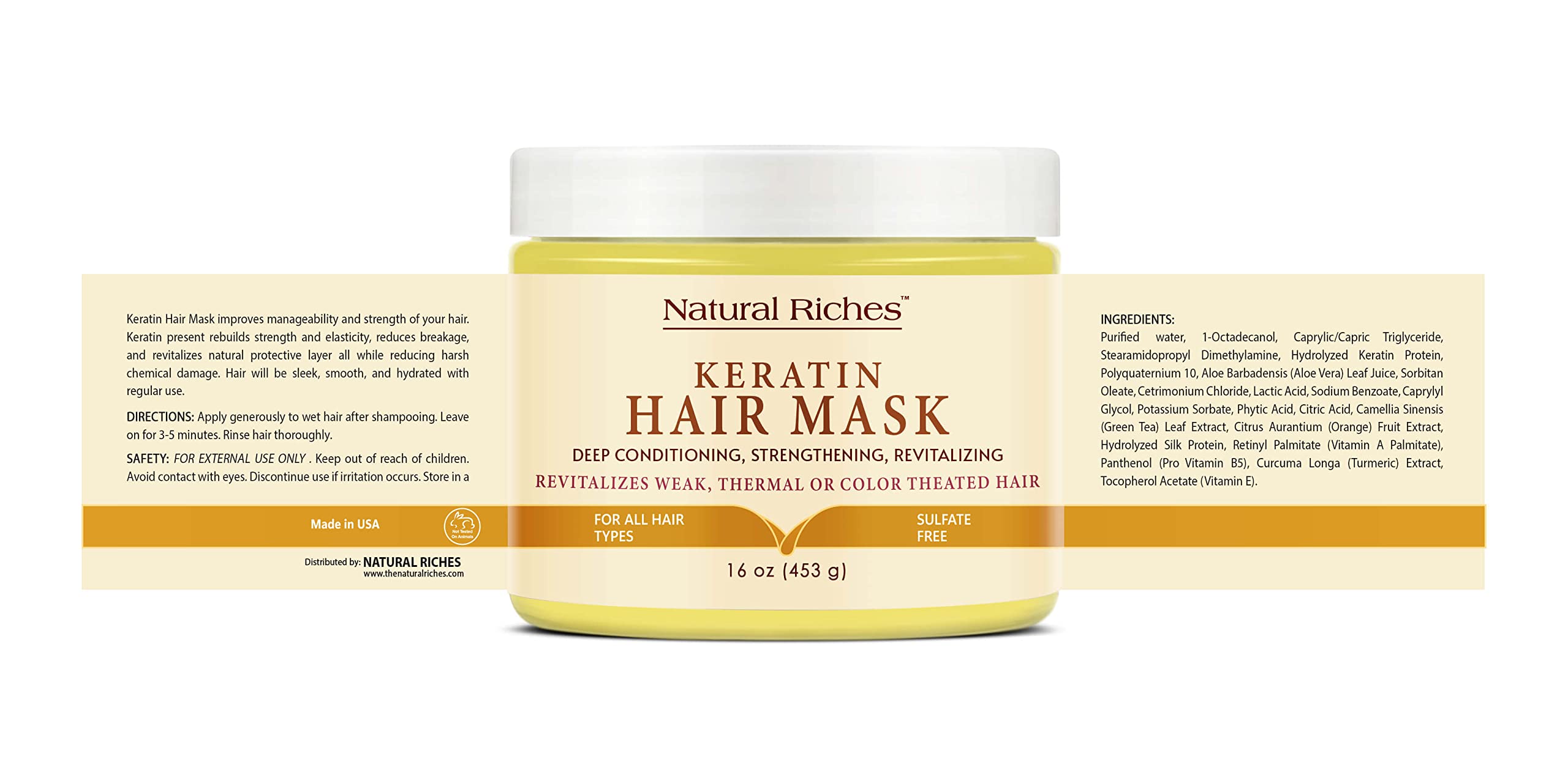 Natural Riches Keratin Hair Mask - Reviving Treatment for Dry, Damaged Hair - 16 oz