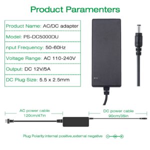 UltraPoE UL Listed DC 12V 5A Power Adapter, AC100~240V 50/60Hz to DC Output 12V Power Supply, 5.5mm x 2.5mm Plug, for LED Light Bar, DVR, NVR, High Power Camera