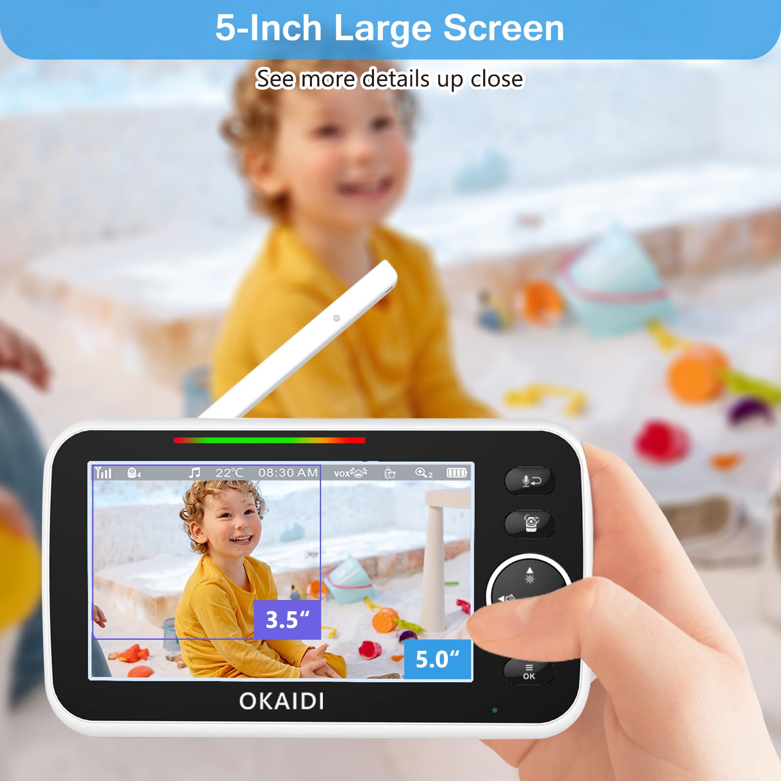 OKAIDI 5" HD Baby Monitor with Camera and Audio, 720P Display Baby Monitor, 5000mAh Battery, Remote Pan-Tilt, 3X Zoom, Night Vision, 2-Way Talk, Temperature,Lullabies,1000ft Range Baby Monitor No WiFi