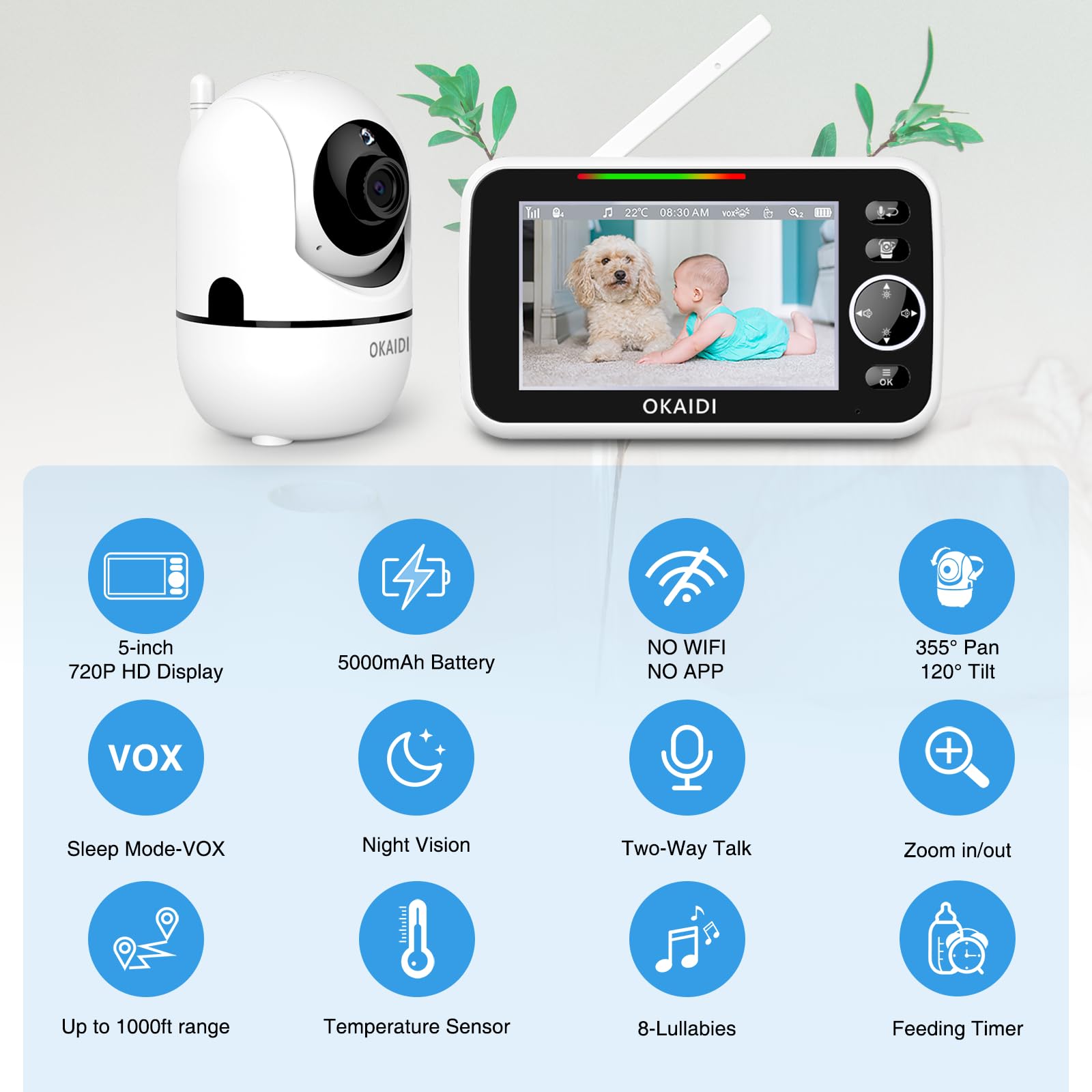 OKAIDI 5" HD Baby Monitor with Camera and Audio, 720P Display Baby Monitor, 5000mAh Battery, Remote Pan-Tilt, 3X Zoom, Night Vision, 2-Way Talk, Temperature,Lullabies,1000ft Range Baby Monitor No WiFi