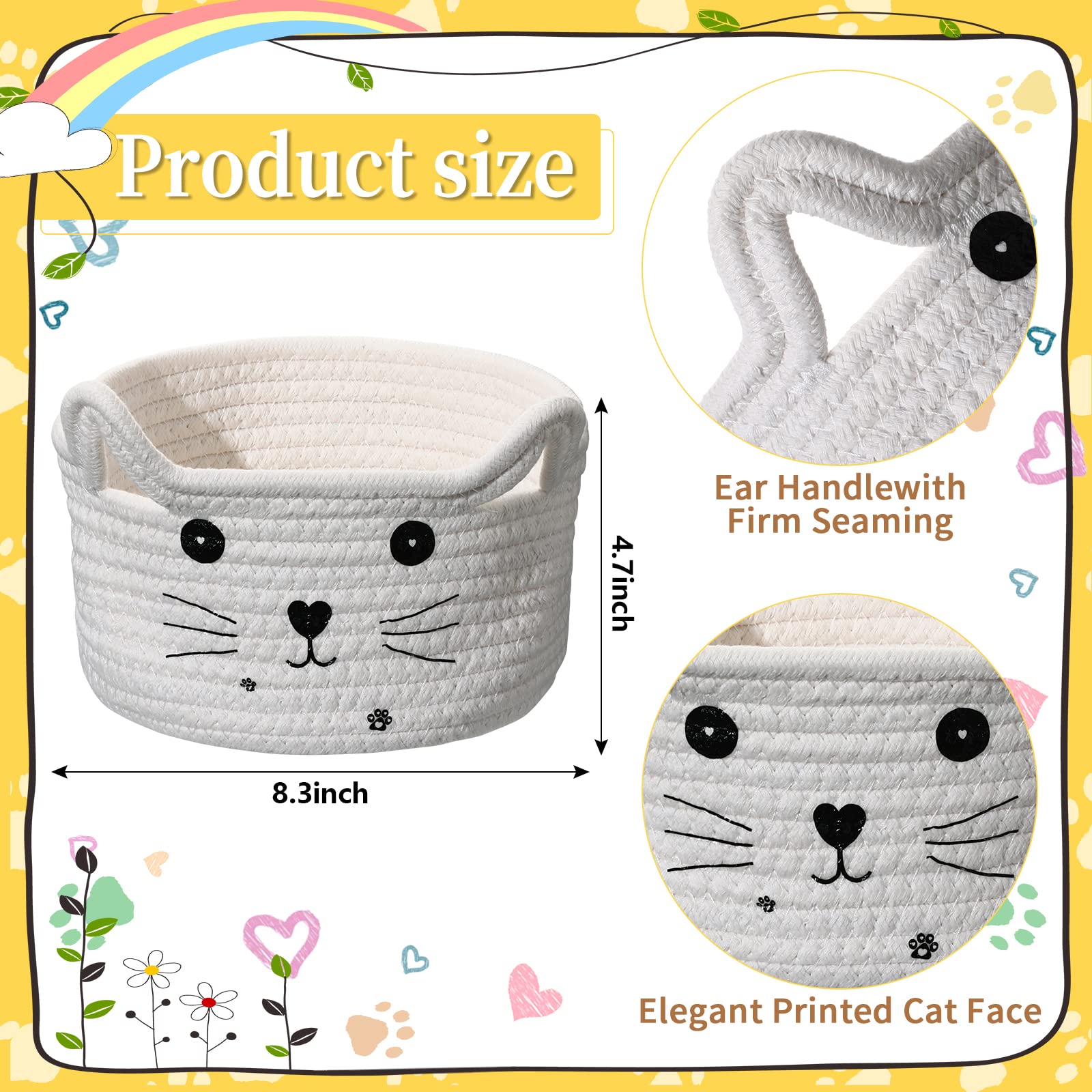 Zopeal Cat Basket Storage Woven Basket Organizer with Ears Decorative Pet Toy Cute Basket Cotton Rope Basket for Gift Cat Dog Toy Bin Nursery Room(8.3 x 4.7 Inch,White)