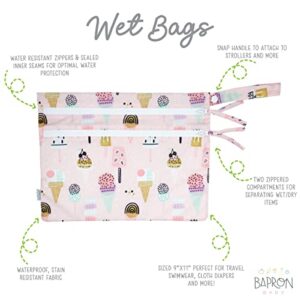 BapronBaby Pink Ice Cream Wet Dry Bag - Waterproof Two Zipper Pockets - Reusable for Mealtime, Diapers, Stroller, Snacks, Swimsuits - Machine Washable - 11" x 9"