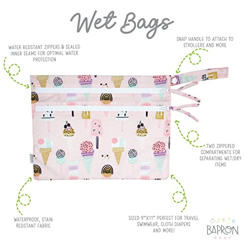 BapronBaby Pink Ice Cream Wet Dry Bag - Waterproof Two Zipper Pockets - Reusable for Mealtime, Diapers, Stroller, Snacks, Swimsuits - Machine Washable - 11" x 9"