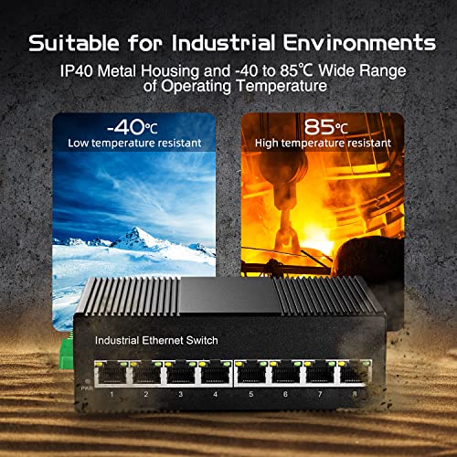 Binardat 8 Port Gigabit PoE Din Rail Industrial Ethernet Switch, 8 PoE IEEE802.3af/at, 16Gbps Switching Capacity, with One 96W PoE Power Supply