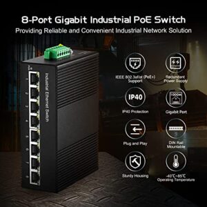 Binardat 8 Port Gigabit PoE Din Rail Industrial Ethernet Switch, 8 PoE IEEE802.3af/at, 16Gbps Switching Capacity, with One 96W PoE Power Supply