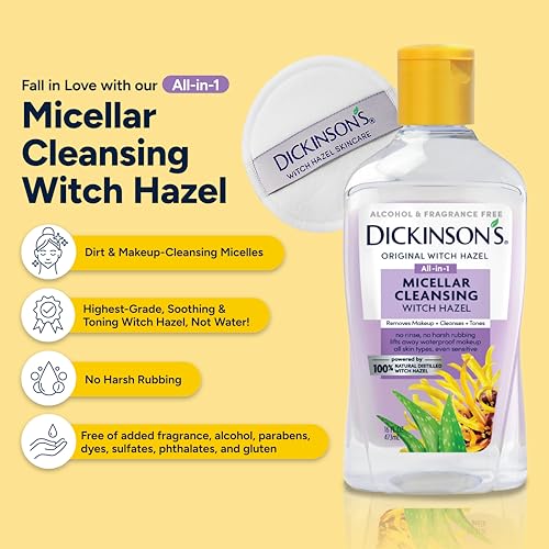 Dickinson's Micellar Cleansing Witch Hazel, An All-in-1 Makeup Remover, Pore Refiner, Skin Cleanser and Toner; Alcohol Free with Aloe, for Sensitive Skin, 16oz