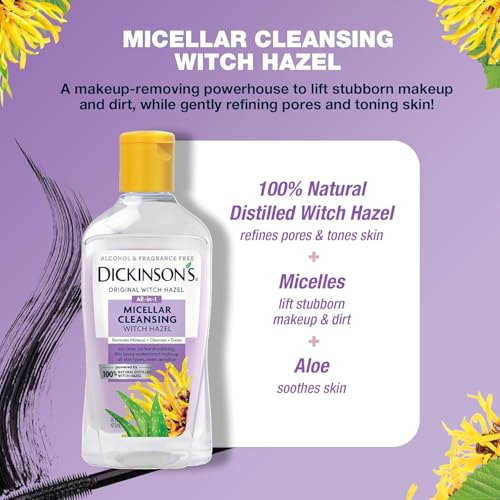 Dickinson's Micellar Cleansing Witch Hazel, An All-in-1 Makeup Remover, Pore Refiner, Skin Cleanser and Toner; Alcohol Free with Aloe, for Sensitive Skin, 16oz