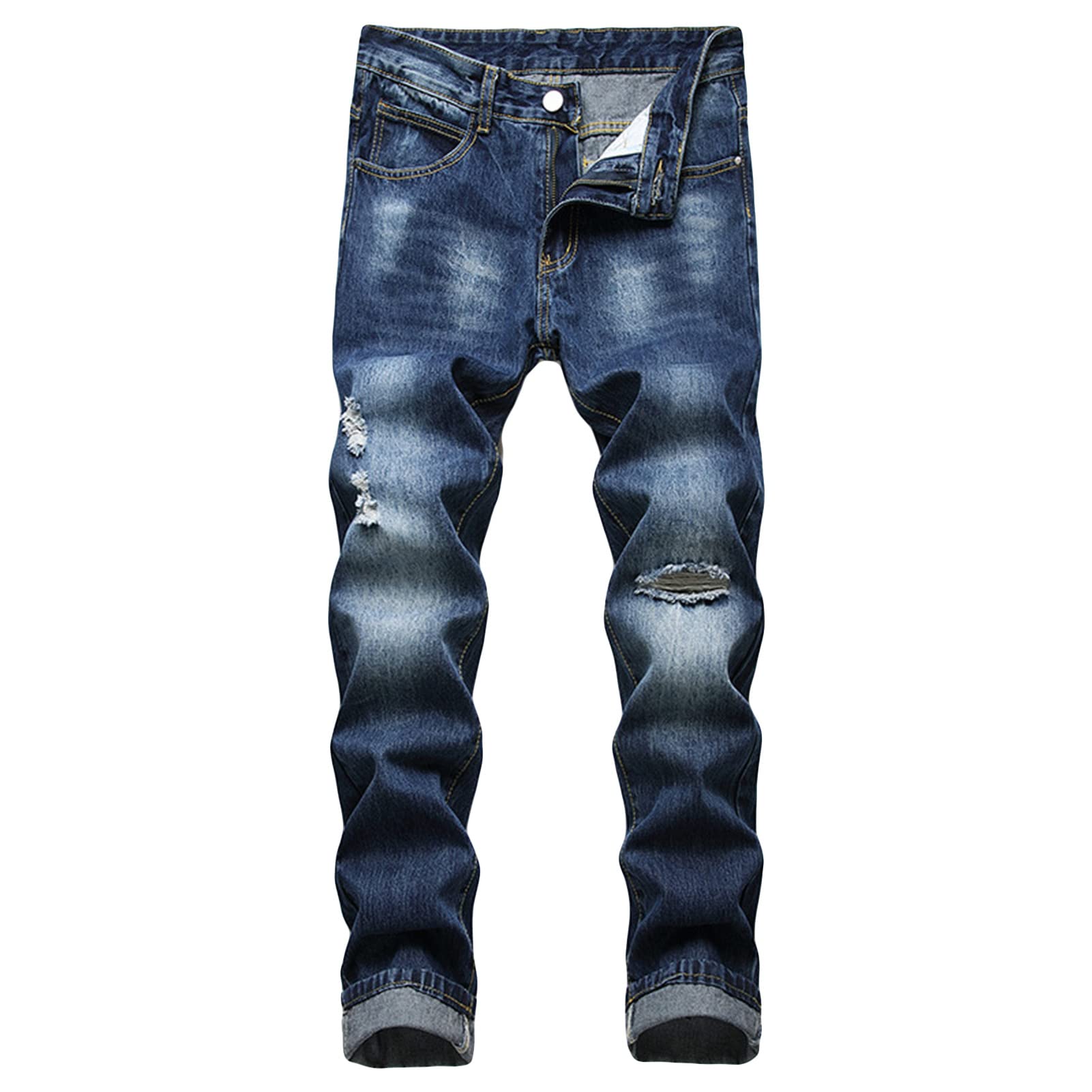 Men's Lightweight Hip Hop Jeans Ripped Straight Leg Washed Denim Jeans Vintage Stretch Distressed Jean Pants (Dark Blue,30)