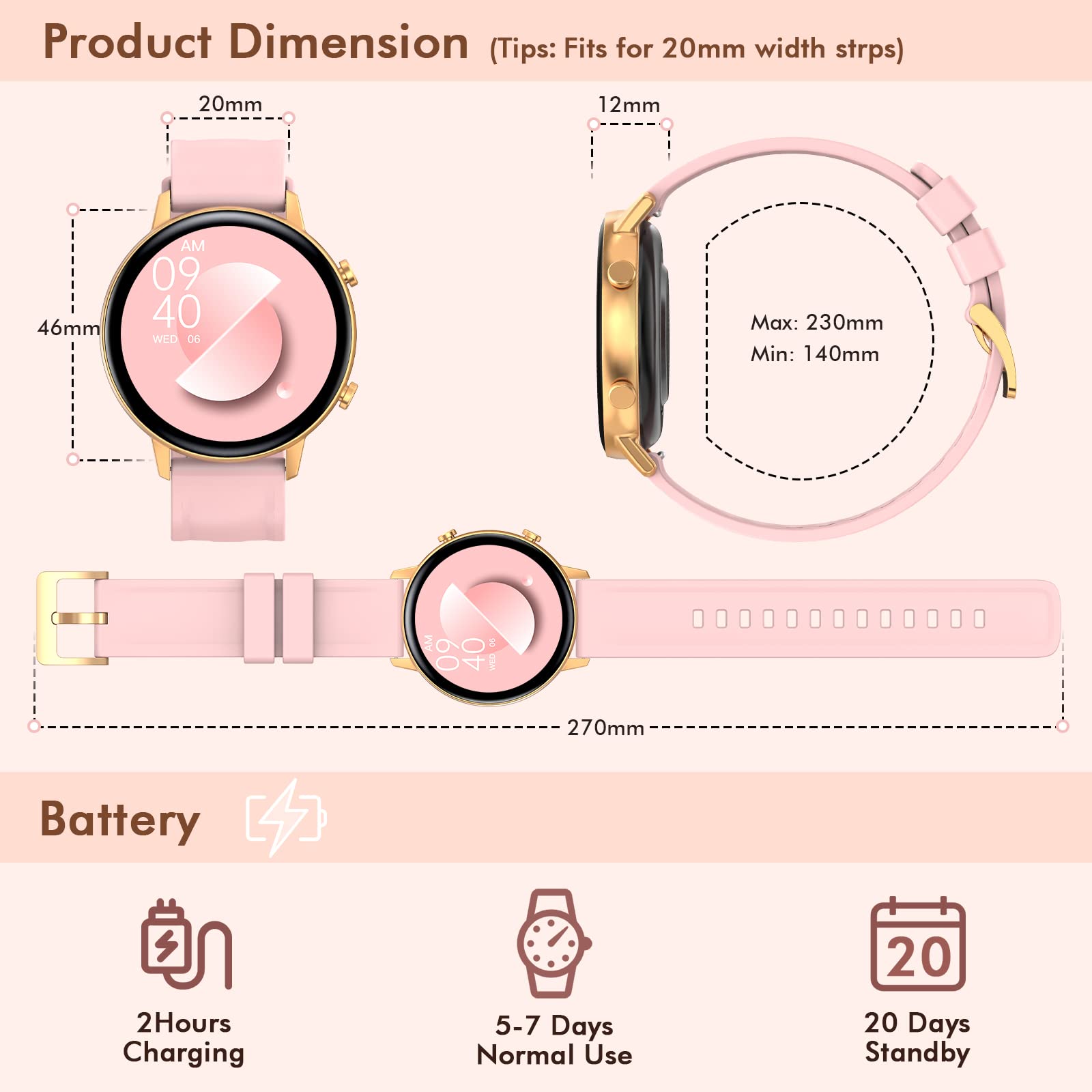 Smart Watch for Women(Call Receive/Dial),Fitness Trackers Waterproof Smart Watches for Android Phones Smartwatch with Blood Pressure Heart Rate Sleep Monitor Sport Running Pedometer Touch Screen