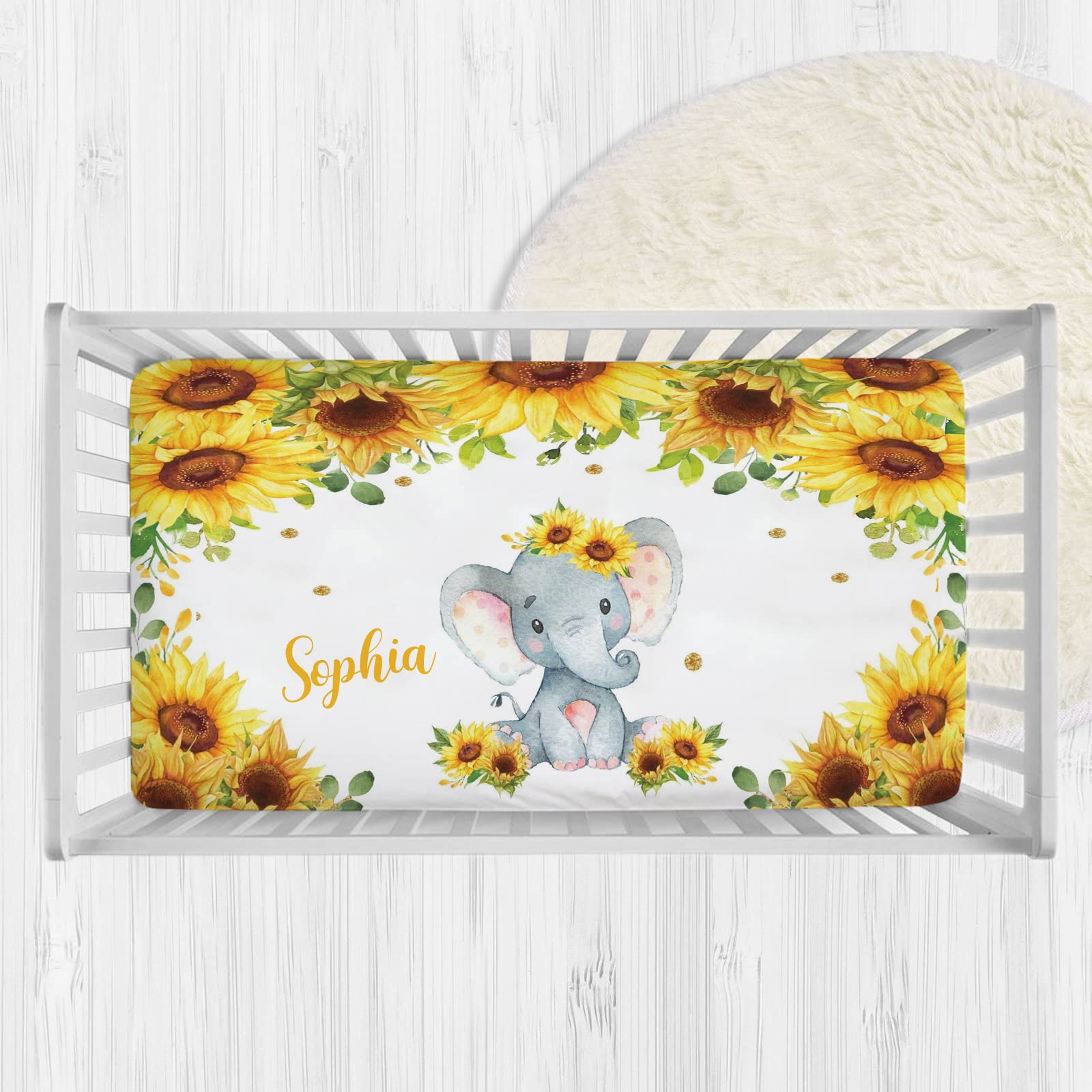 Personalized Sunflower Elephant Baby Crib Sheets for Baby Girls Boys, Custom Fitted Crib Bedding Sheets with Name, Mini Crib Sheet, Pack and Play Sheets, Crib Mattress Sheets, Name Crib Sheets